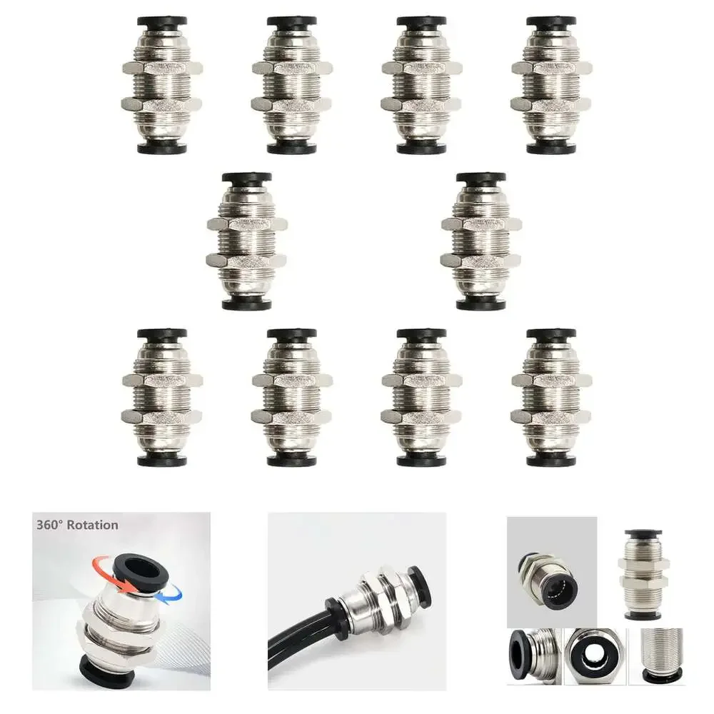 10 Pack Bulkhead Union Fittings 1/4 Inch Push to Connect Nickel Plated Brass For
